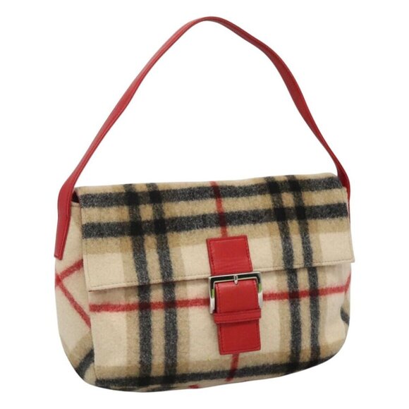 Burberrys Nova Check Blue Label Shoulder Bag Wool Beige Red Silver Auth - Picture 1 of 16